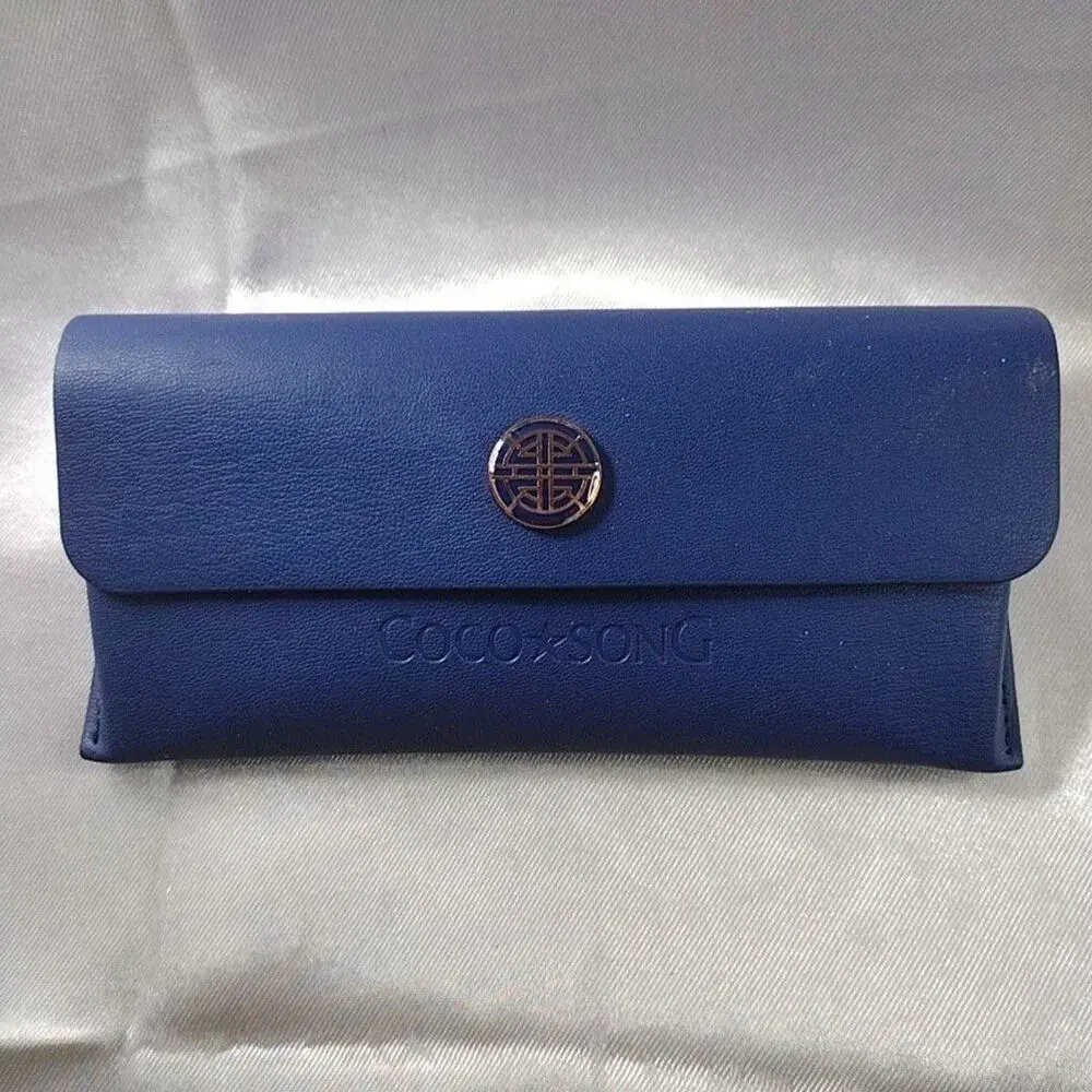 Coco Song Soft Eyeglass Sunglass Case Blue Faux Leather Logo Flip Top Storage
